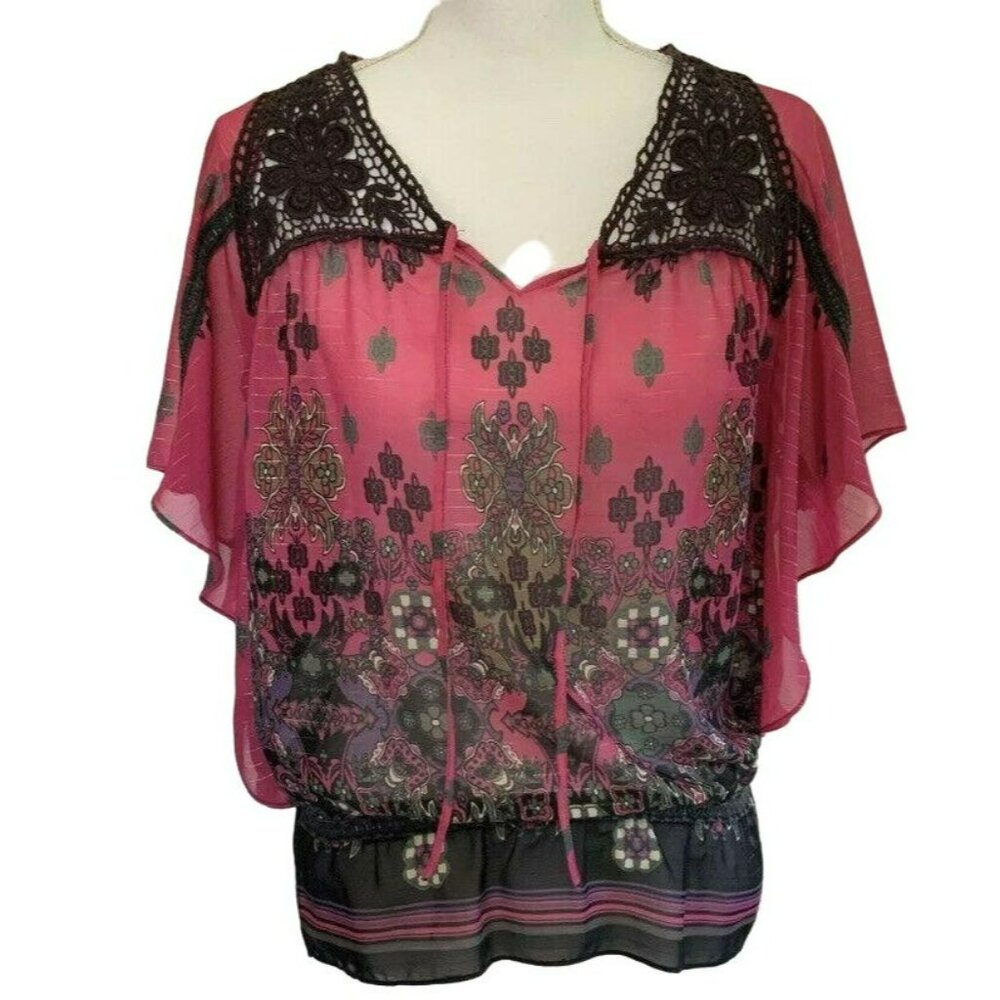 Bisou Bisou Michele Bohbot Pink Black Floral Print Boho Crochet Top Blouse Small